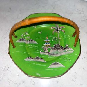 Vintage Moriage Hand Painted Deco Serving Tray Rattan Handle